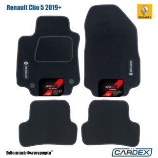 πατάκια renault clio 5 με λογοτυπο μαρκέ μοκέτα μαύρη με κουμπώματα ecoline cardex