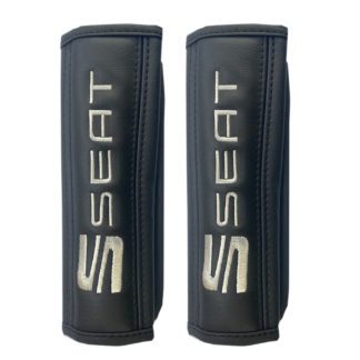 Μαξιλαράκια ζώνης SEAT 22 X 7,5 cm από PVC δερματίνη σε μαύρο χρώμα με λευκό, ραμμένο logo και αυτοκόλλητες ταινίες τύπου velcro Race Axion - 2 τεμάχια