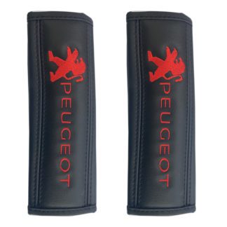 Μαξιλαράκια ζώνης PEUGEOT 22 X 7,5 cm από PVC δερματίνη σε μαύρο χρώμα με κόκκινο, ραμμένο logo και αυτοκόλλητες ταινίες τύπου velcro Race Axion - 2 τεμάχια