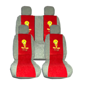 Καλύμματα Αυτοκινήτου Βελούδο Tweety Κόκκινο-Γκρι Με 2 Φερμουάρ Σετ 8 Τεμάχια