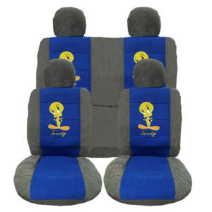 Καλύμματα Αυτοκινήτου Βελούδο Tweety Μπλε-Γκρι Με 2 Φερμουάρ Σετ 8 Τεμάχια