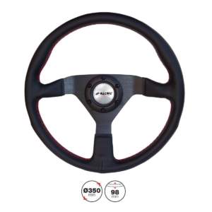 ΤΙΜΟΝΙ NOB ΔΕΡΜΑΤΙΝΟ ΤΡΙΑΚΤΙΝΟ ΜΑΥΡΟ ΜΕ ΚΟΚΚΙΝΗ ΡΑΦΗ ΔΙΑΜΕΤΡΟΣ 350mm ΠΑΧΟΣ 98mm SIMONI RACING – 1 TEM